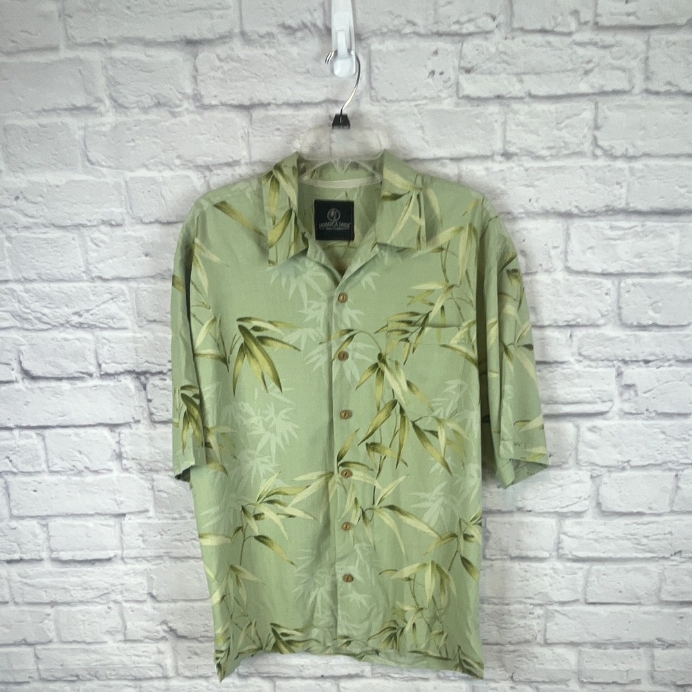 Jamaica Jaxx Men's Silk Green Tropical Short Sleeve Button Up Shirt Size Large